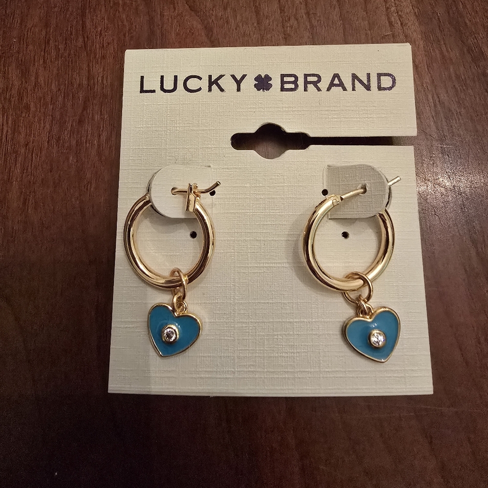 Lucky Brand Gold Semi-Precious Accents Earrings with Blue Hearts, Huggie Style